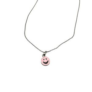 Smiley Face Pendant Necklace Pink Enamel Silver Tone Ball Chain Kidcore Kawaii